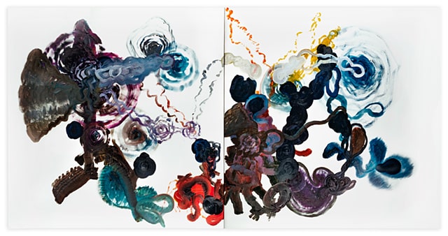 Franz Konter, o.T., 2018, Acryl u. Collage / Leinwand, 48 x 144 cm, 2-teilig

